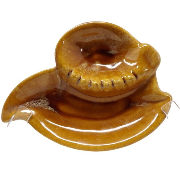 Vintage Pair of Uniquely Shaped MCM Marcia Pottery Harvest Gold & Brown Ashtrays - Picture 6 of 8